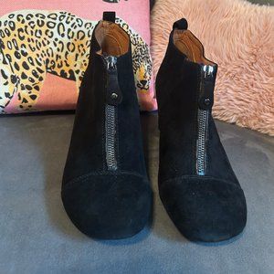 Black suede wedge ankle boots, zip front